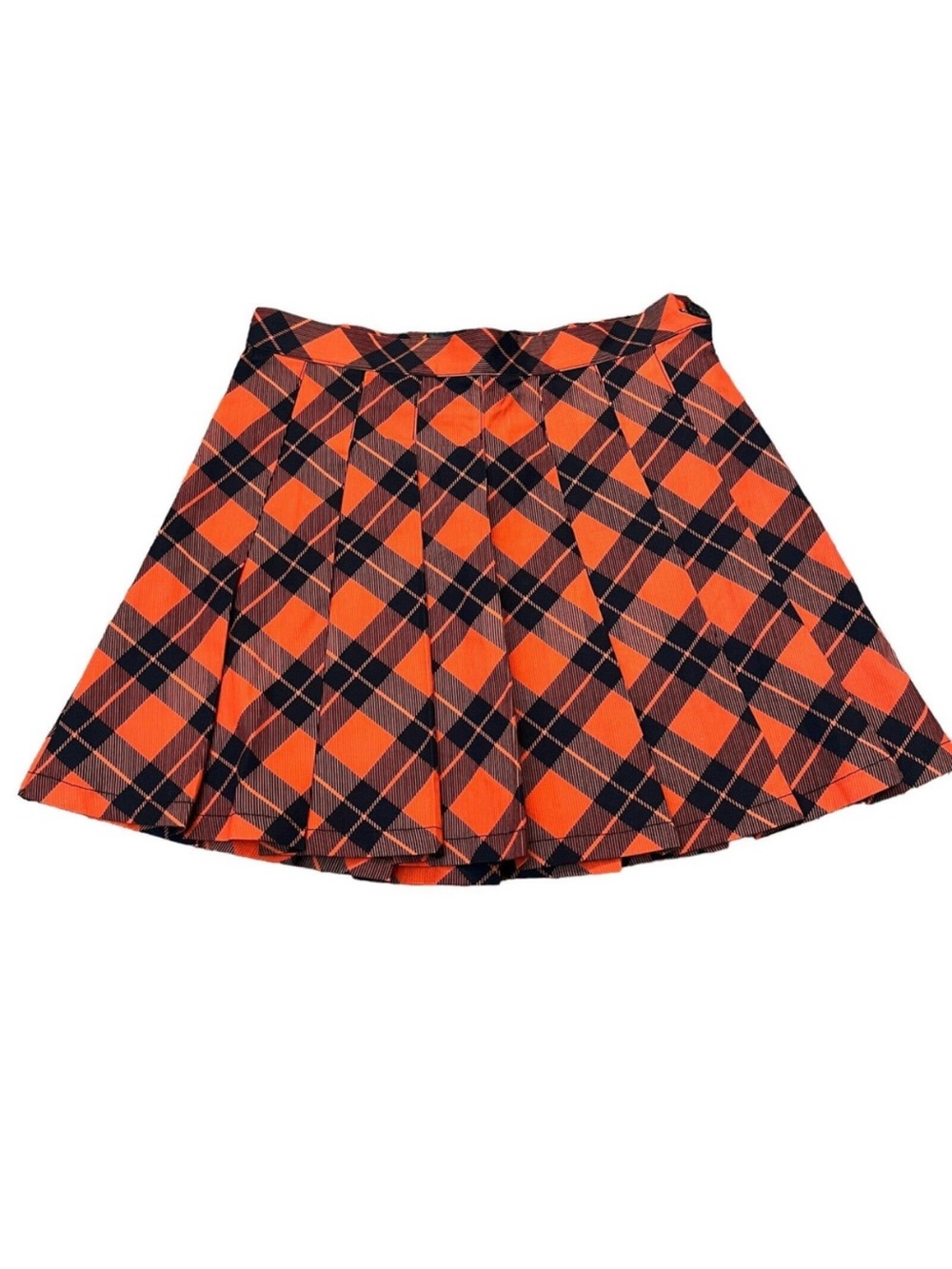 Dolls Kill Trickz N Treatz Orange Black Plaid Pleated Halloween Mini Skirt M
